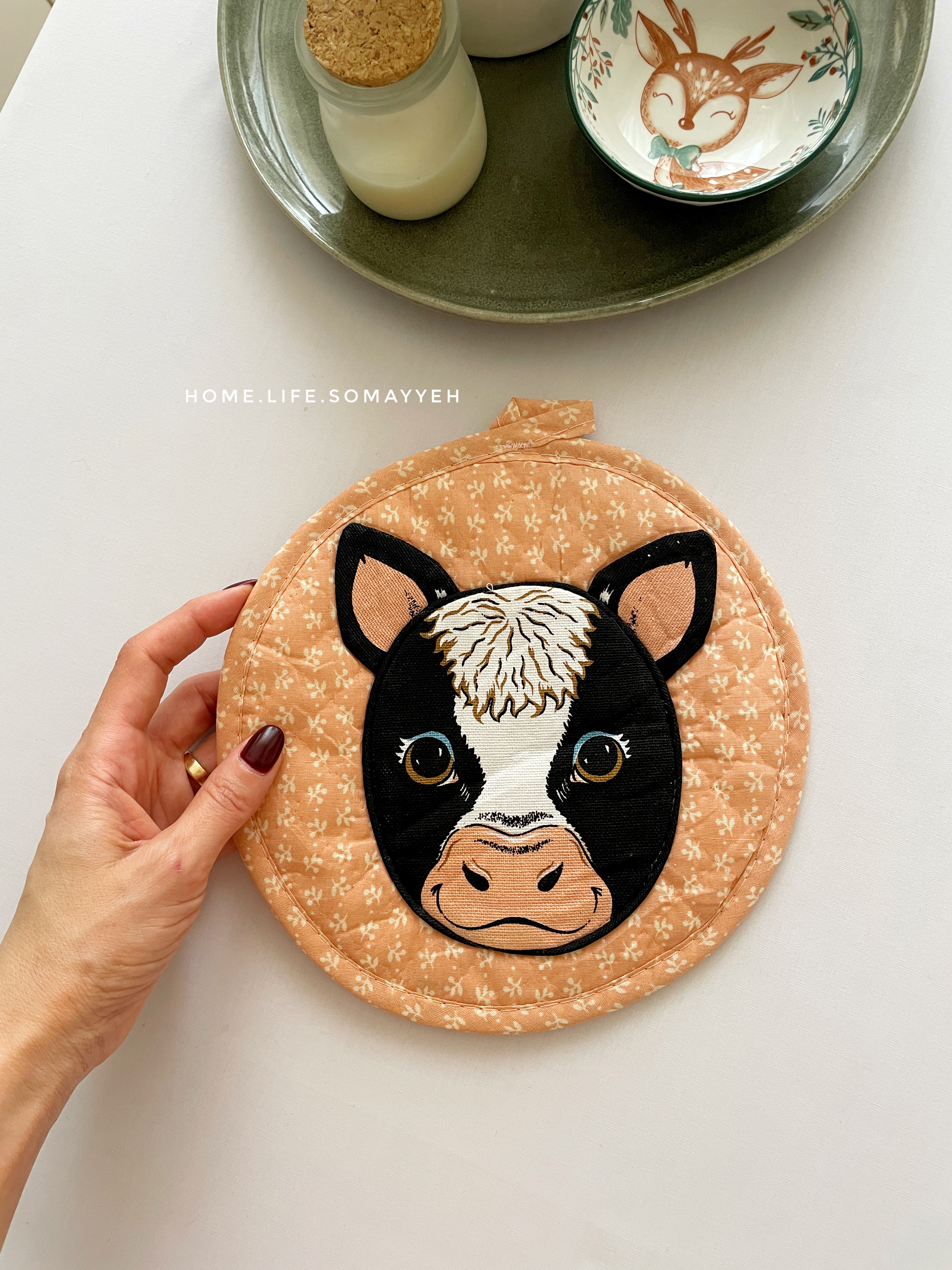 دستگیره تکه دوزی و‌برجسته طرح گاو🐄